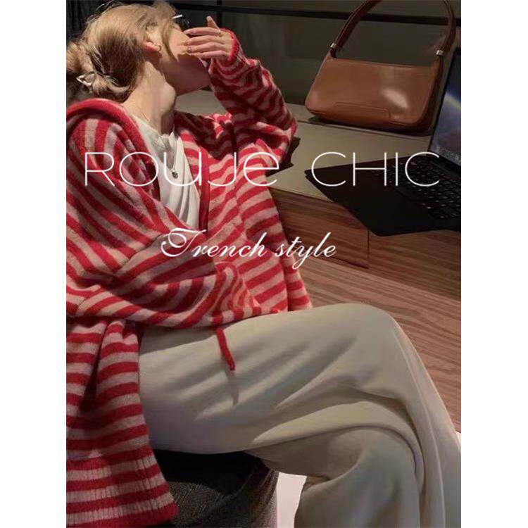 法国rouje chic法式红色条纹浣熊绒连帽拉炼针织衫开衫外套女毛衣