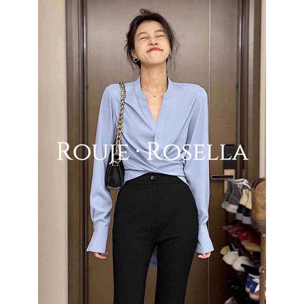 法国Rouje Rosella法式气质蓝色v领长袖衬衫女收腰显瘦上衣