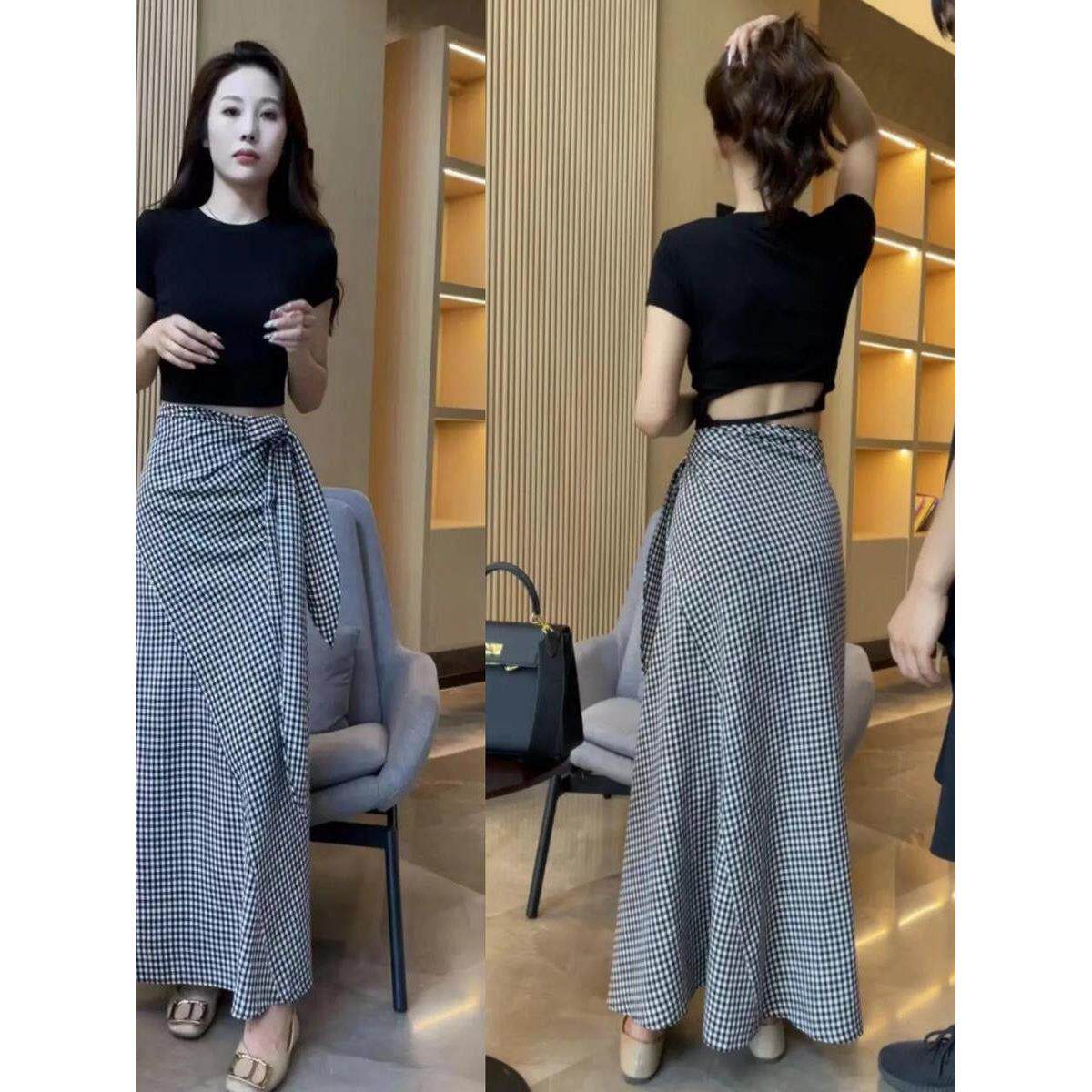 欧洲站2025新款法式覆古高腰半身裙女格子系带显瘦格纹包臂长裙