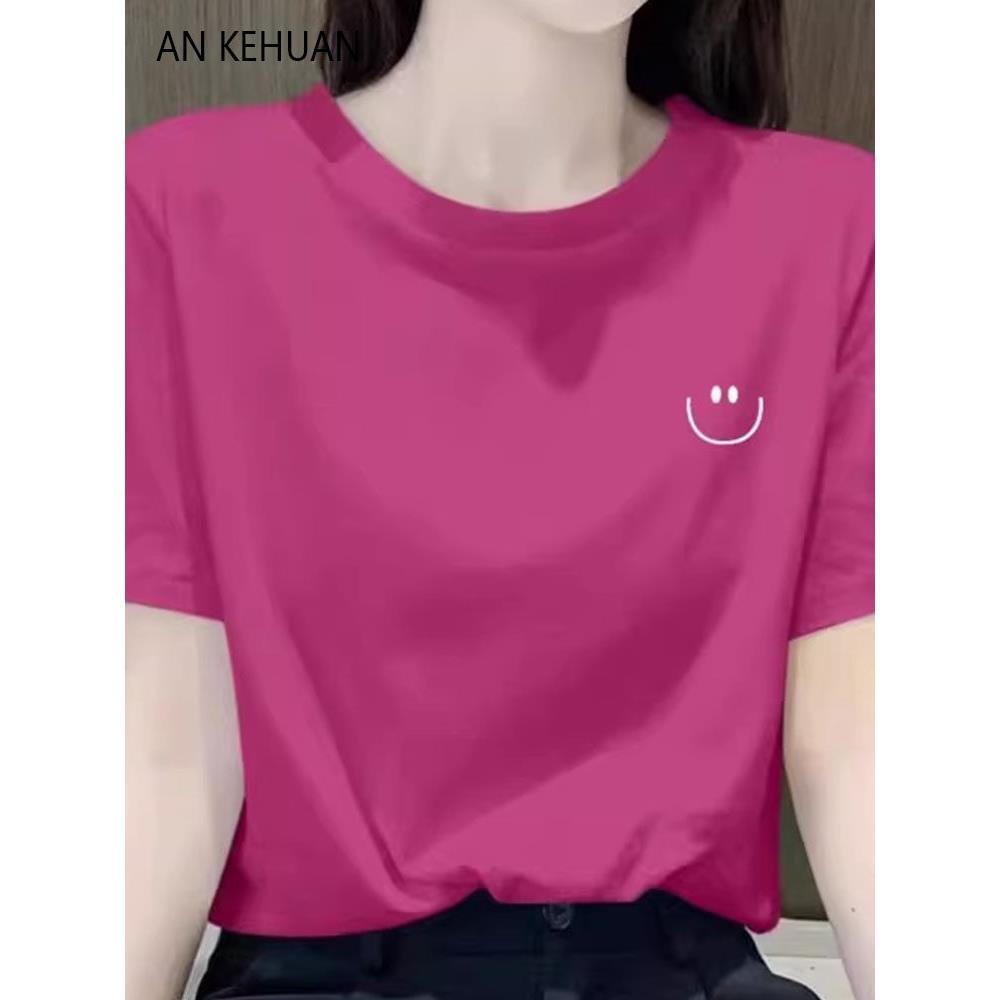 青年新时尚玫瑰红短袖t恤的妇女欧洲印花宽松和多才多艺的多巴胺