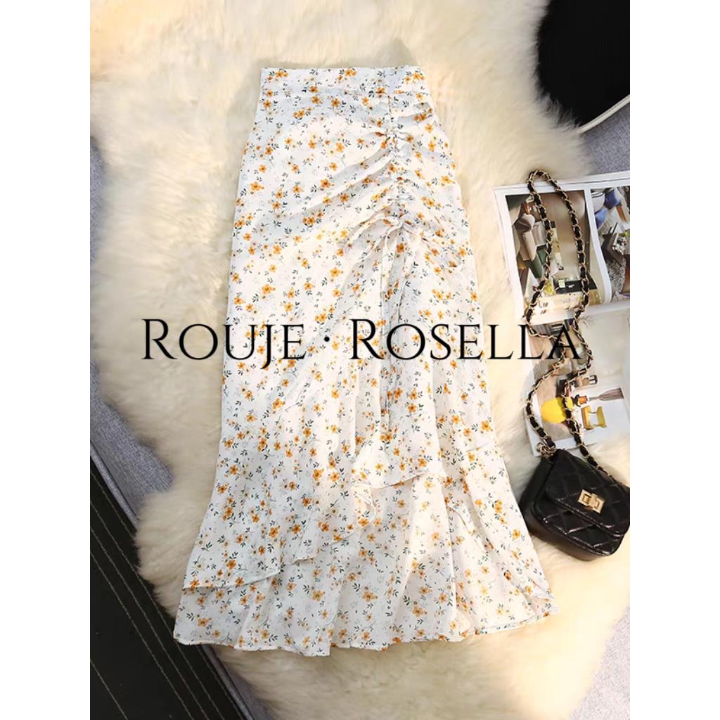 法国Rouje Rosella清凉舒适不规则雪纺碎花半身裙女夏a字鱼尾裙