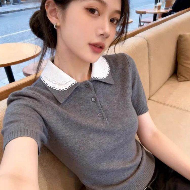 DOEN MOCY法式减龄娃娃领短袖t恤女小个子气质显瘦灰色针织衫上衣