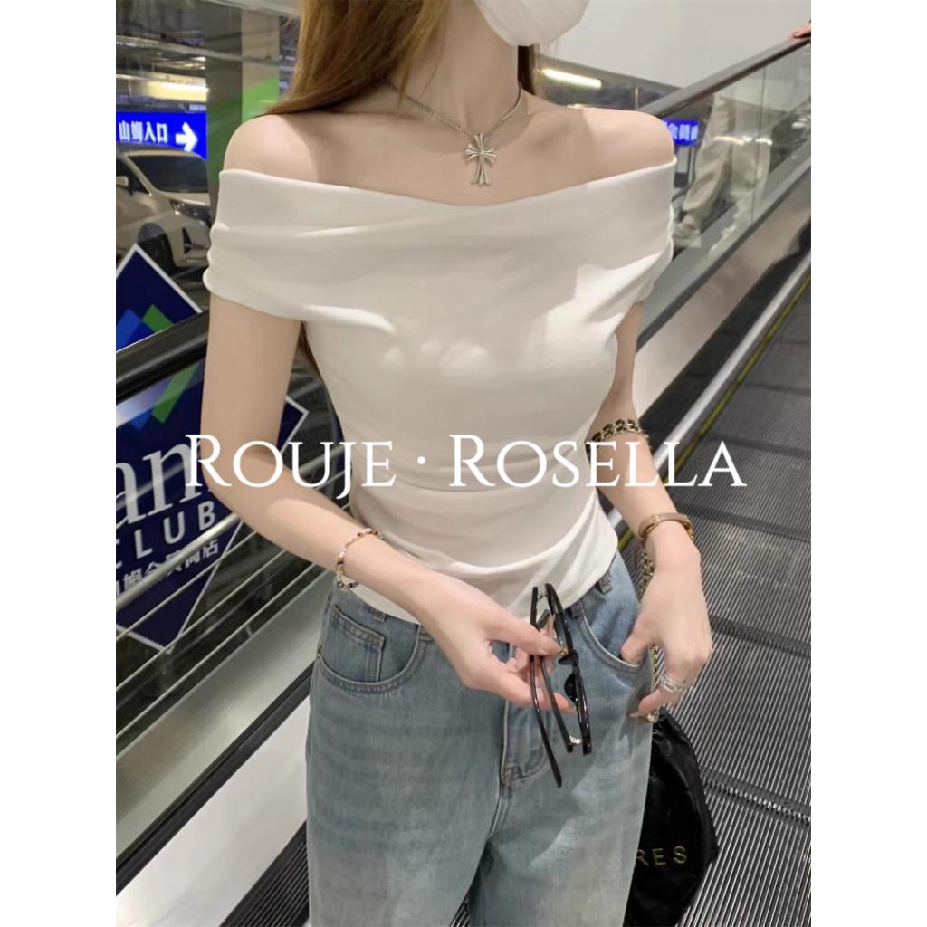 法国Rouje Rosella⭐法式一字肩荡领露肩短袖t恤女夏独特短款上衣