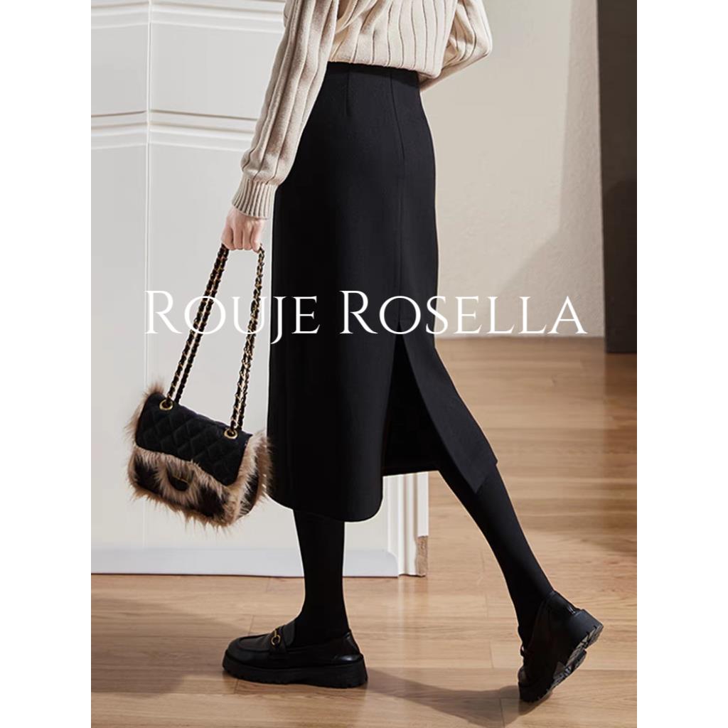 法国Rouje Rosella优雅迷人⭐毛呢半身裙女高腰加厚开叉包臀裙