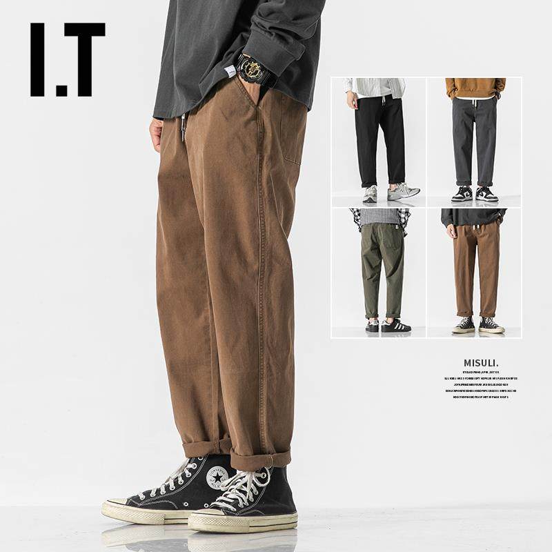 香港潮牌直筒休闲裤男系带纯色宽松大码小直筒长裤男痞帅工装裤男