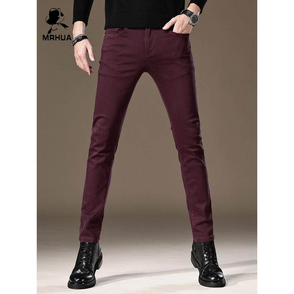 欧洲站男士秋冬新款加绒牛仔裤酒红色弹力修身小脚男款韩版长裤子
