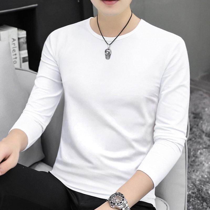 2025新款品牌白色长袖T恤男纯棉圆领修身内搭简约薄款男士打底衫