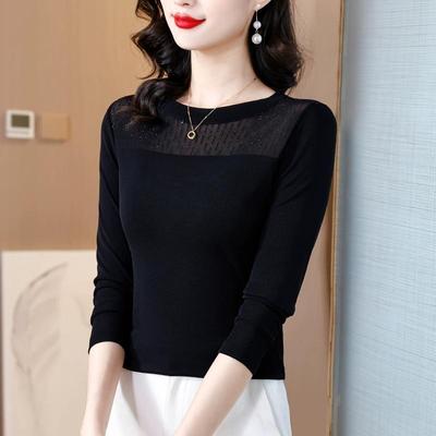 黑色蕾丝打底衫女秋冬季2024年新款修身洋气内搭长袖t恤网纱上衣