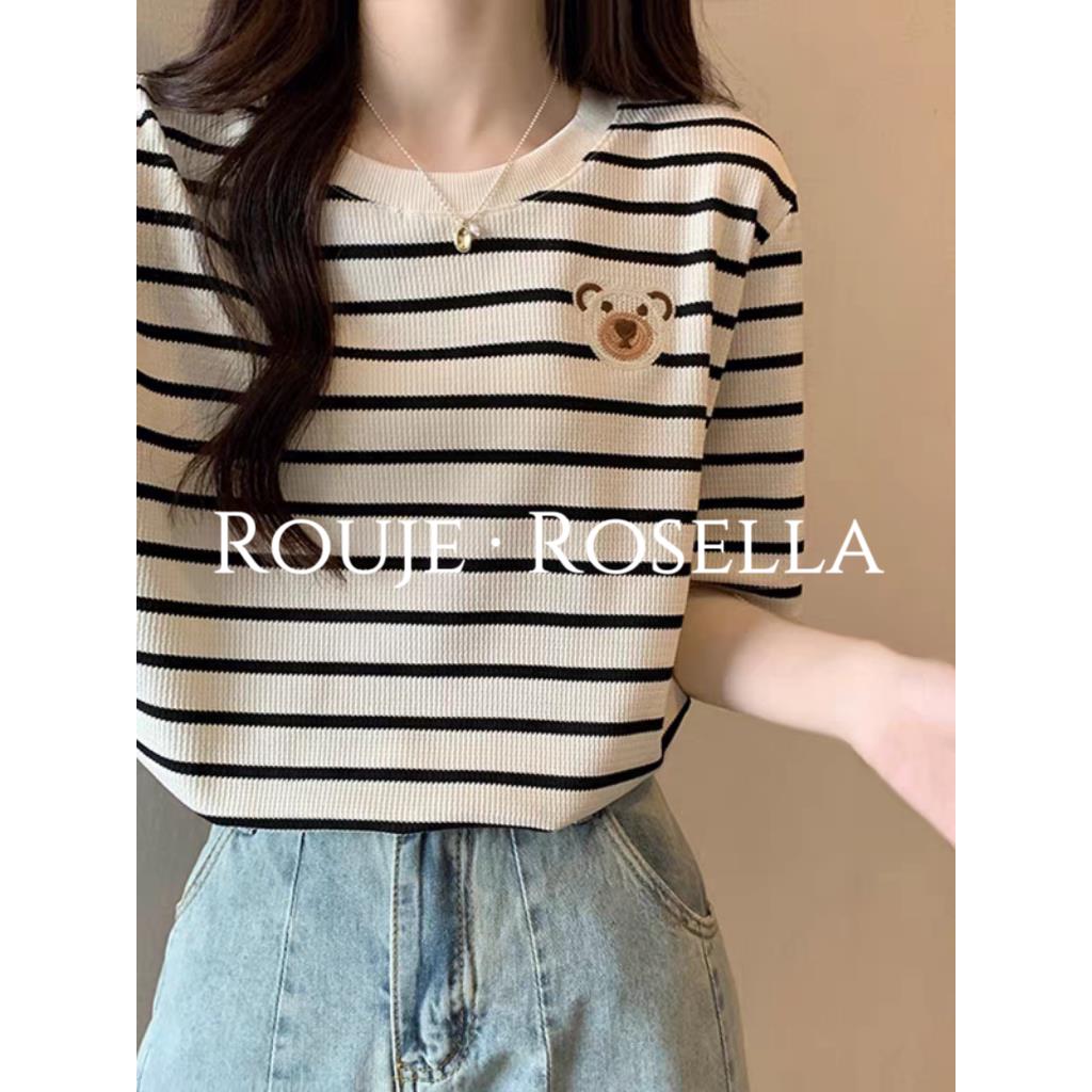 法国Rouje Rosella华夫格条纹短袖T恤女夏小熊刺绣宽松圆领上衣