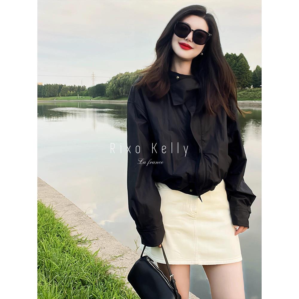 Rixo Kelly早秋季新款小个子长袖棒球服女休闲立领黑色冲锋衣外套