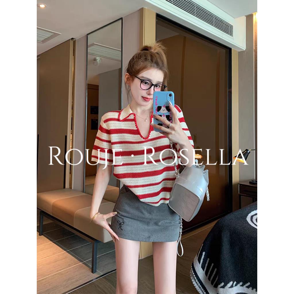 法国Rouje Rosella红色条纹v领针织短袖t恤女夏季小个子polo领
