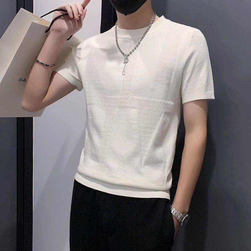 LL男装t恤男短袖潮牌潮流圆领针织高级感白色打底衫百搭提花内搭