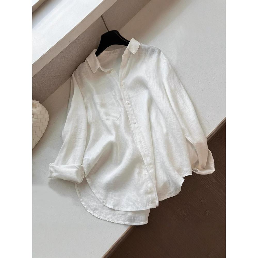 Rixo Kelly白色亚麻长袖防晒衬衫女夏季薄款外搭轻奢棉麻翻领上衣