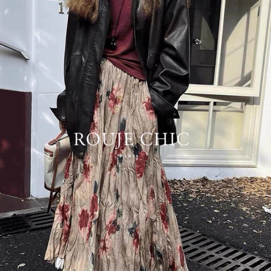 法国rouje chic春季法式覆古扎染碎花半身裙女松紧腰褶皱大摆裙子