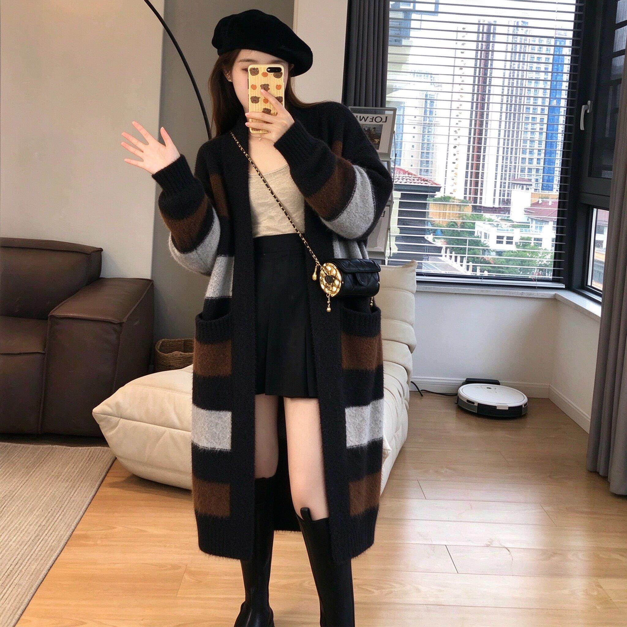 中长款撞色条纹羊绒毛衣开衫女2026秋冬宽松显瘦加厚过膝针织外套