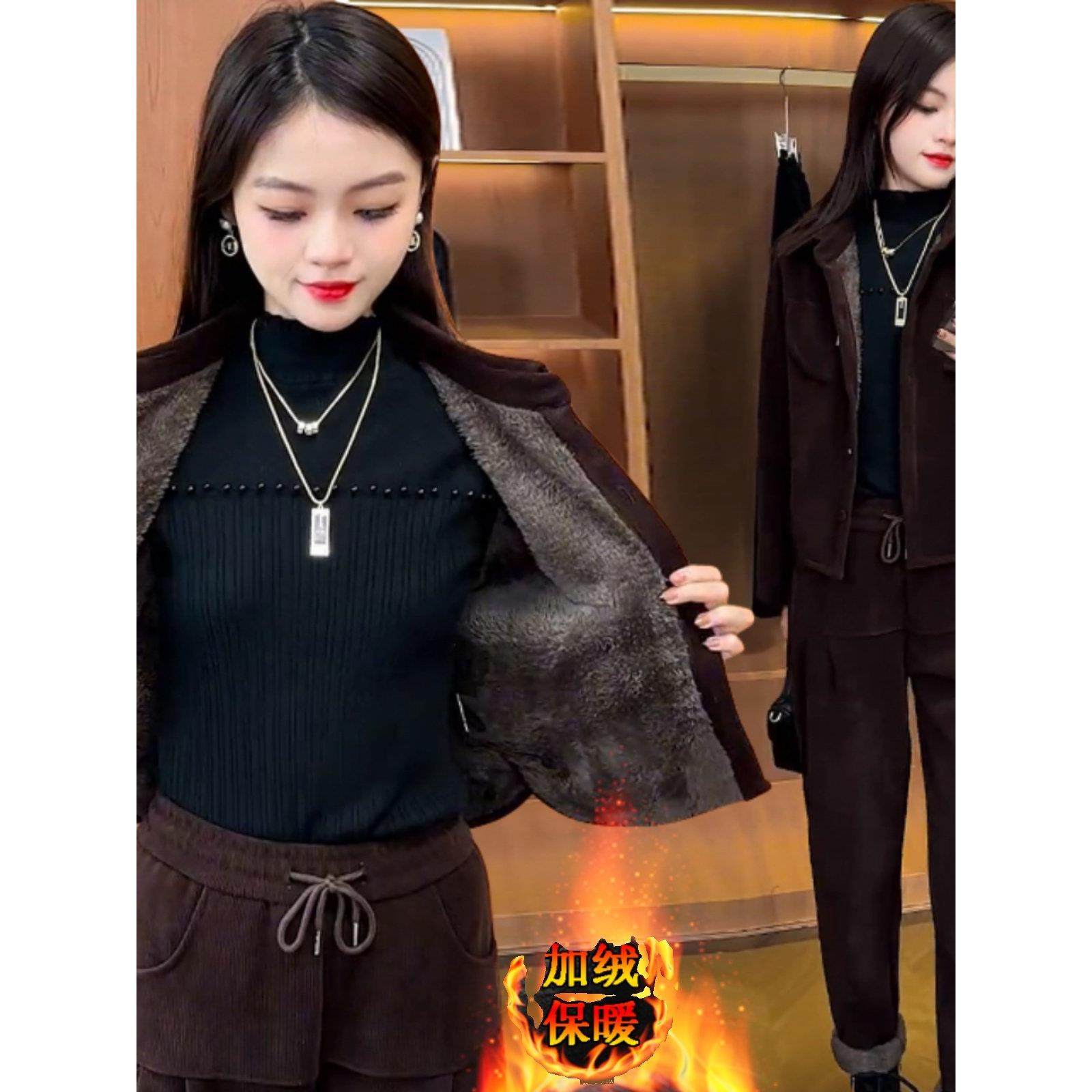 韩国加绒加厚黑色休闲套装女冬季新款时尚雪尼尔外套裤子两件套潮,女装/女士精品,时尚套装,淘宝优惠券,粉丝福利购,淘宝优惠卷