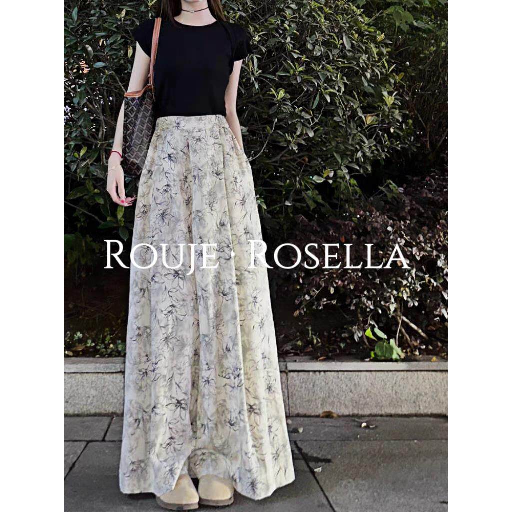 法国Rouje Rosella高腰法式雪纺宽松阔腿裤高腰水墨印花休闲裤