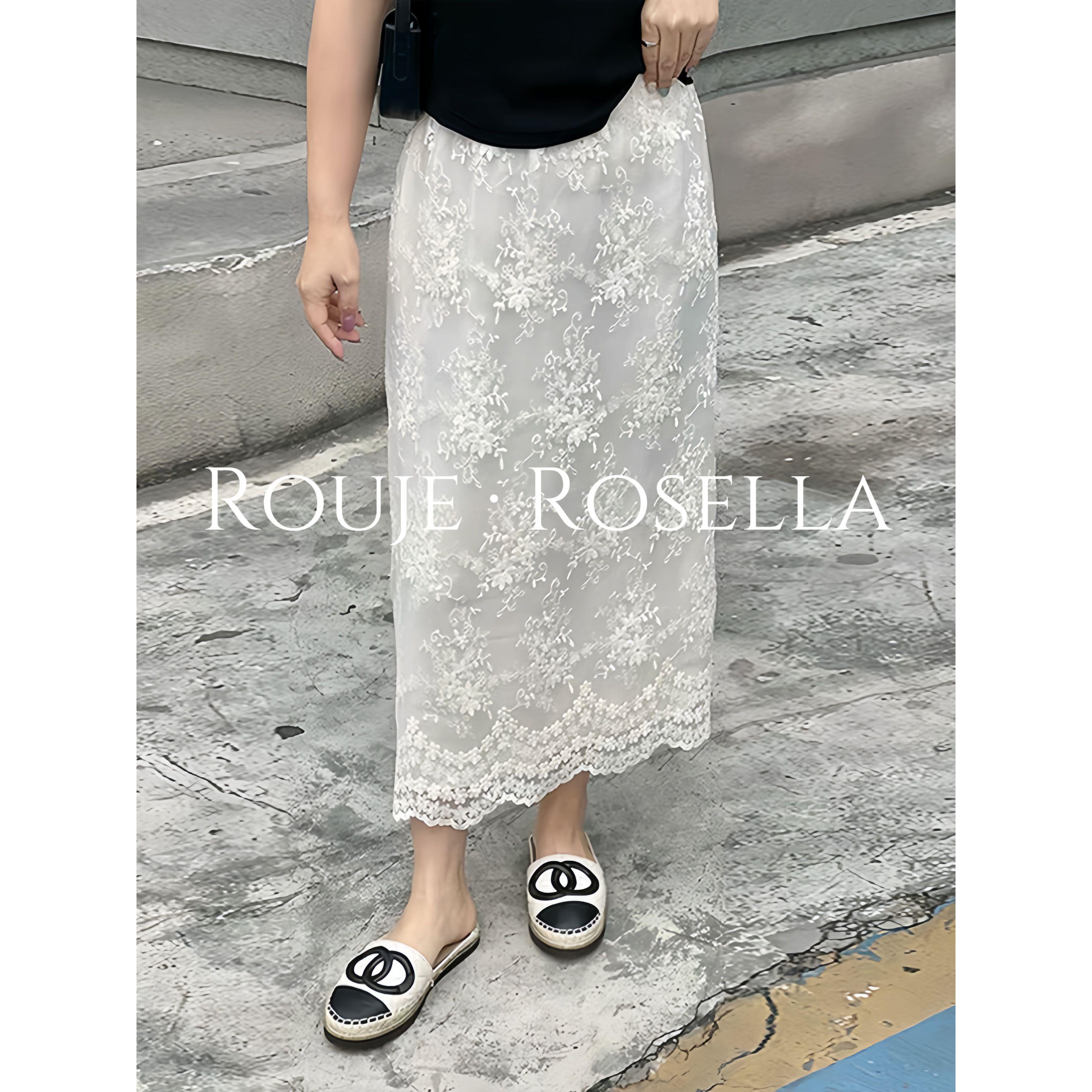 法国Rouje Rosella⭐蕾丝拼接半身裙女夏高腰显瘦中长款后开叉裙