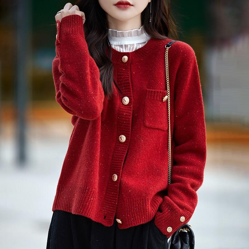 本命年蛇年衣服2025新款100纯羊毛红开 衫女加厚大尺码针织毛衣外