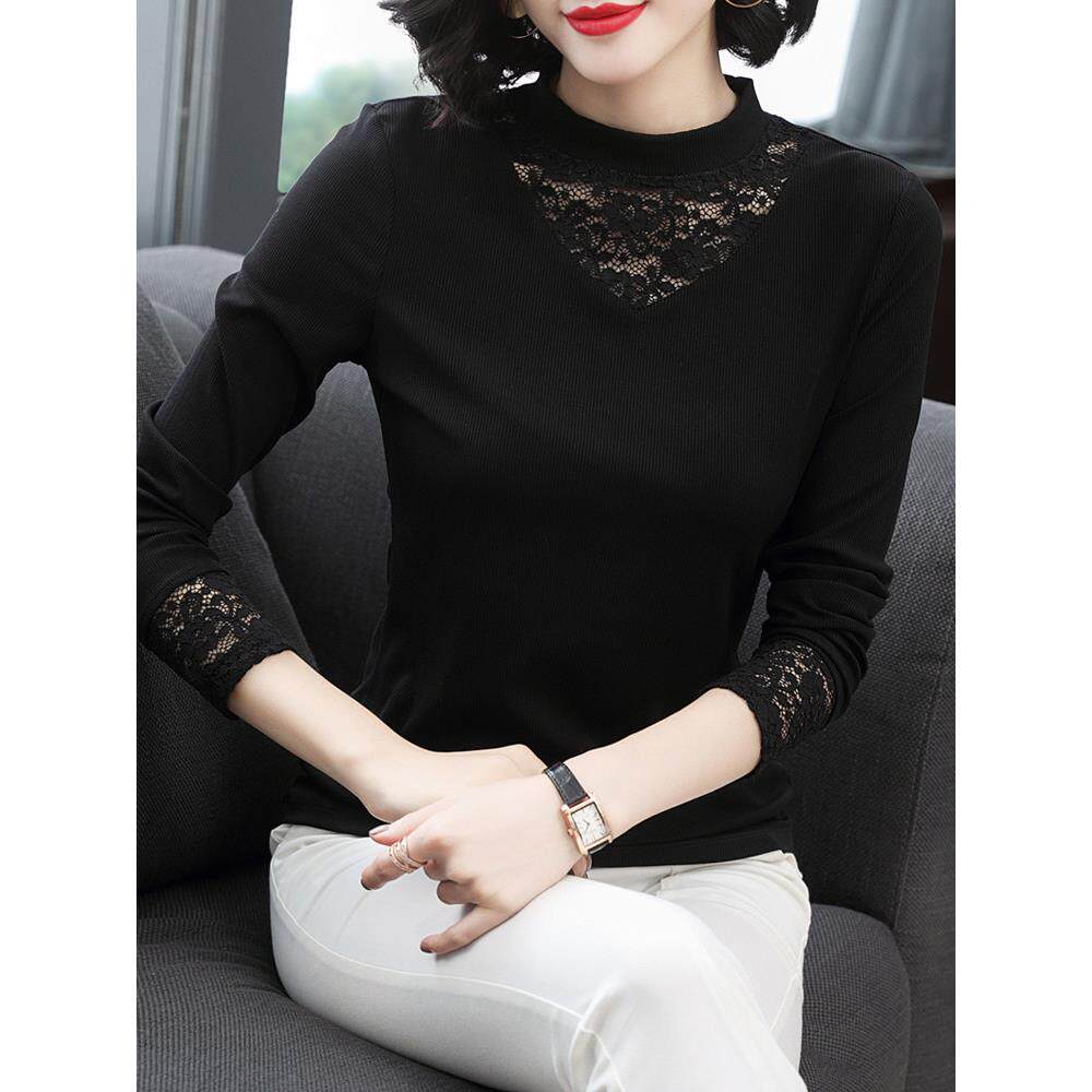 半高领打底衫女2025秋冬装新款修身显瘦百搭外穿内搭蕾丝长袖T恤