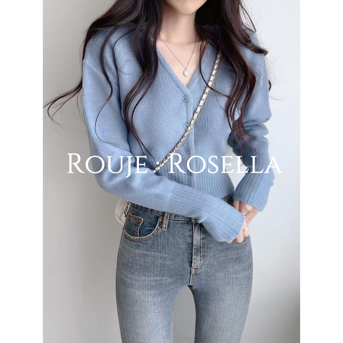 法国Rouje Rosella绝美气质高级感V领针织开衫女春季修身毛衣