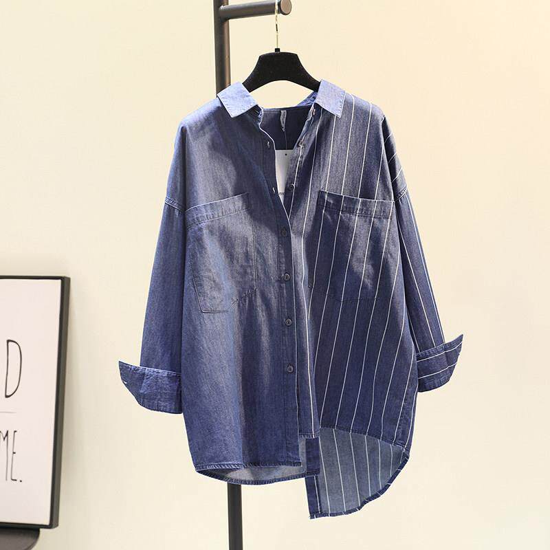 东大门天丝牛仔棉衬衫女2025春秋新款韩不规则双口袋条纹拼接衬衣