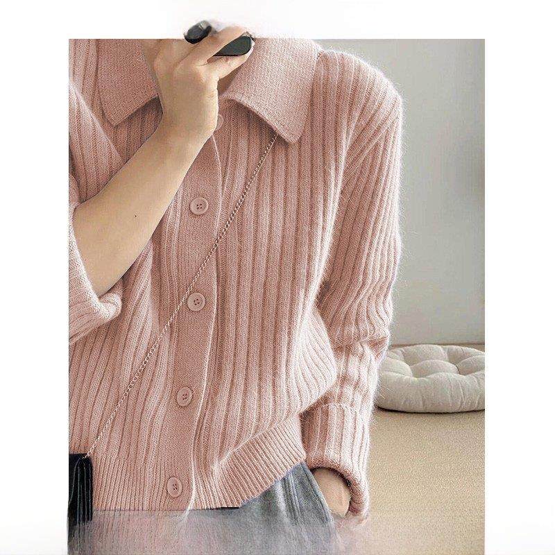 Rouje tusse粉色翻领毛衣开衫女秋冬轻熟羊毛温柔风慵懒针织外套,女装/女士精品,毛针织衫,淘宝优惠券,粉丝福利购,淘宝优惠卷