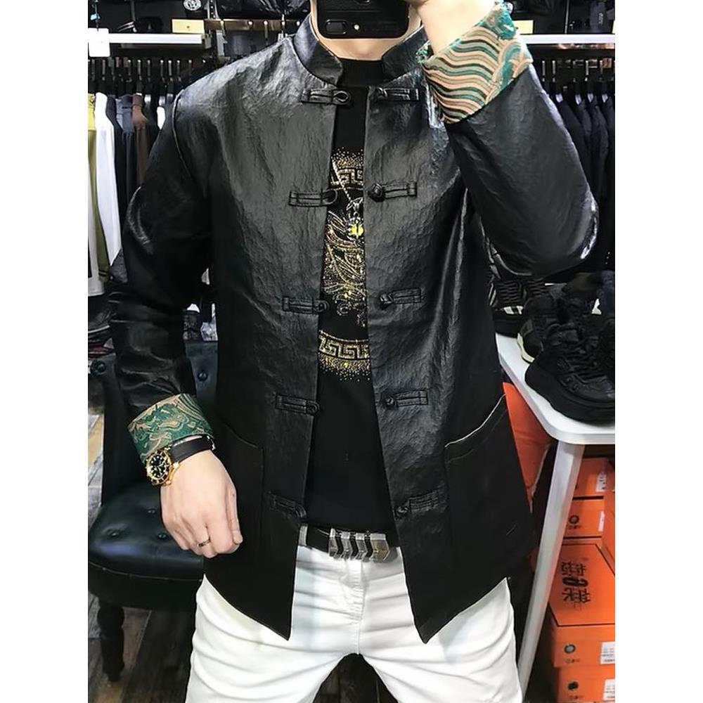 新中式皮衣夹克男士春秋季2025新款潮牌休闲立领国风唐装盘扣外套