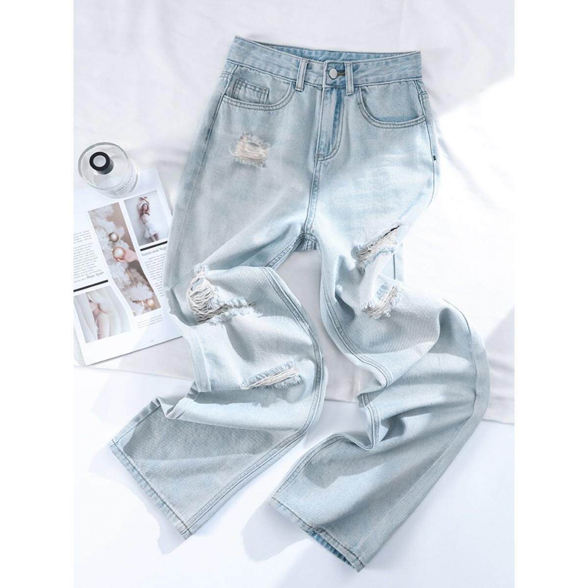破洞牛仔裤女2025年秋冬新款高腰显瘦直筒宽松月光蓝垂感阔腿裤潮