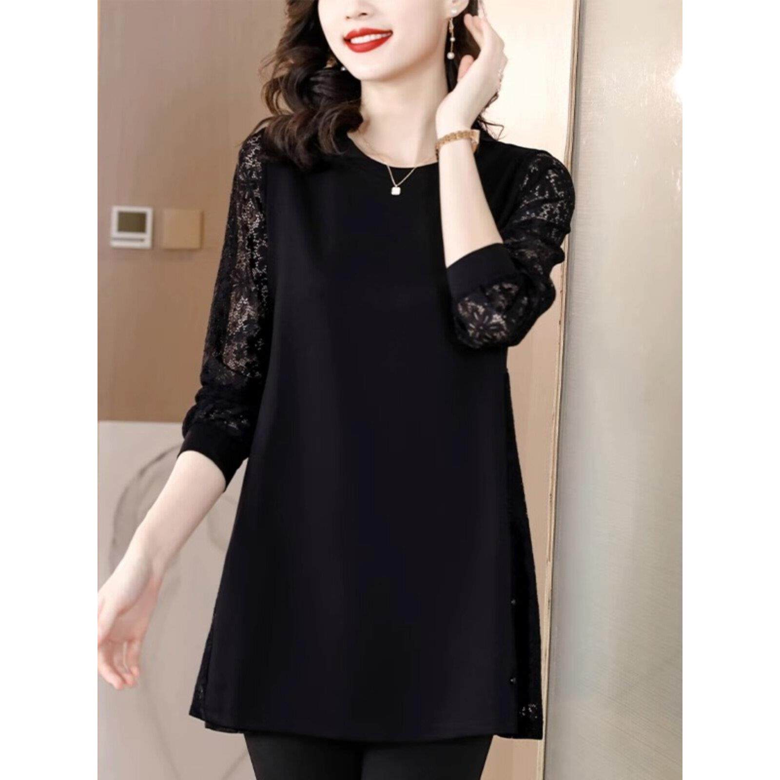 中长上衣的女性加大尺寸2025新风格蕾丝拼接覆盖腹部，看起来显瘦