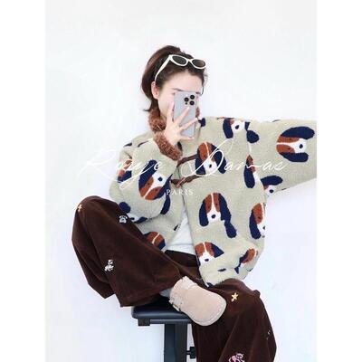 Rouje Damas法式羊羔毛小狗满印撞色外套女 冬季保暖宽松休闲上衣