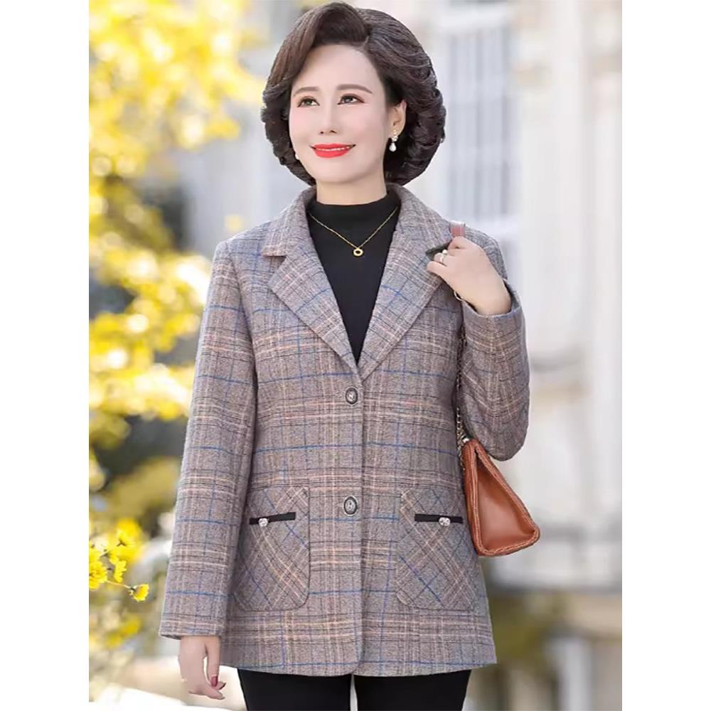 中年妈妈翻领西装外套女士春季薄款2026新款宽松大码洋气格子西服