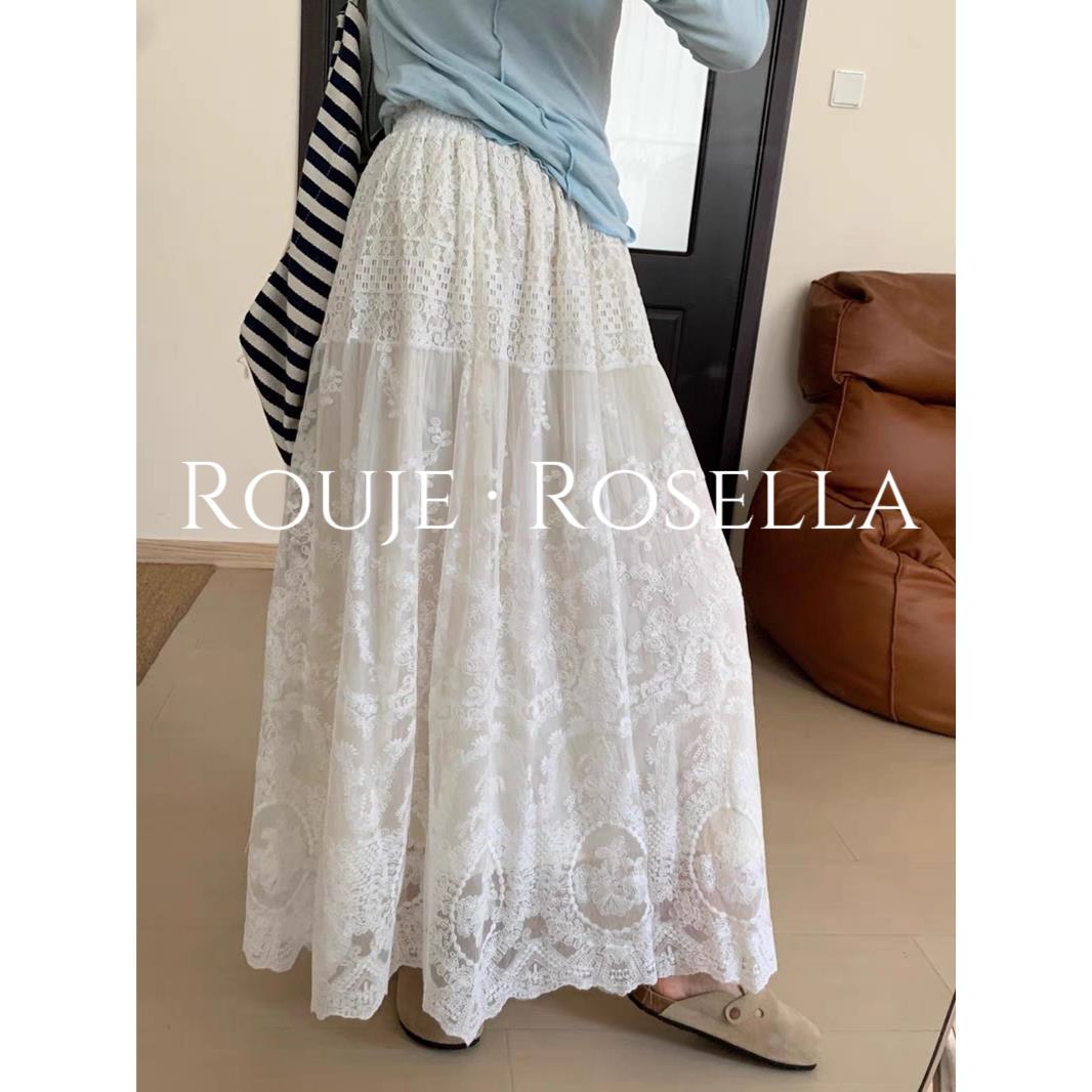 法国Rouje Rosella法式白色蕾丝拼接半身裙女夏季高腰显瘦长裙