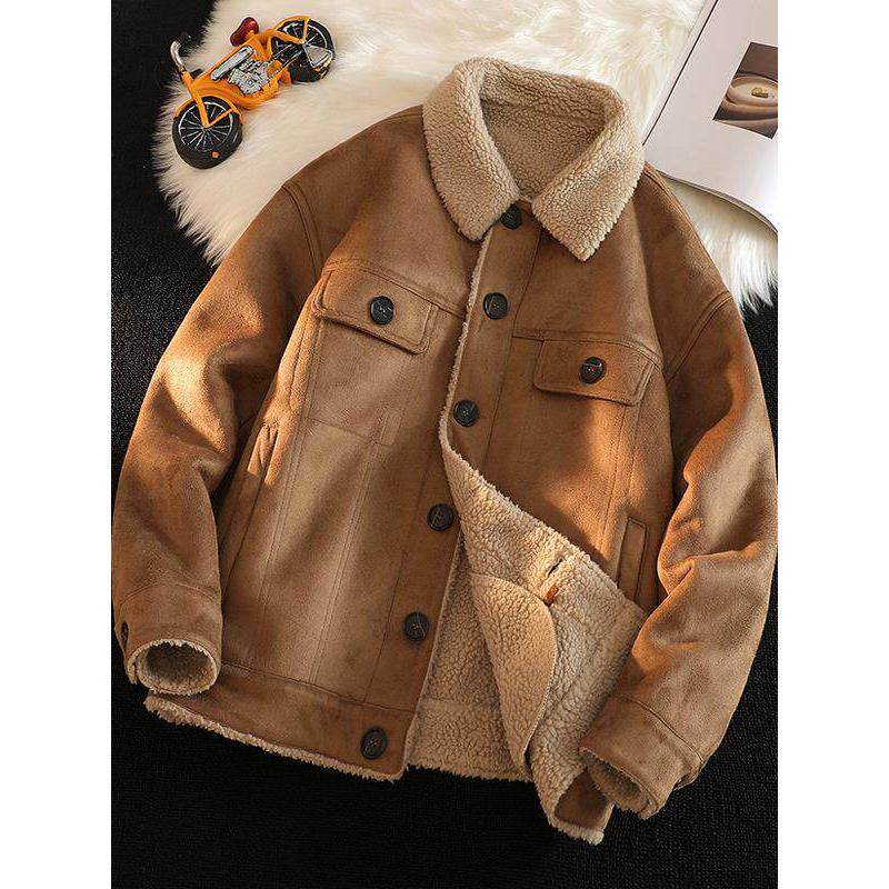 皮毛一体外套男士棉衣秋冬季宽松翻领覆古加厚保暖羊羔绒工装夹克