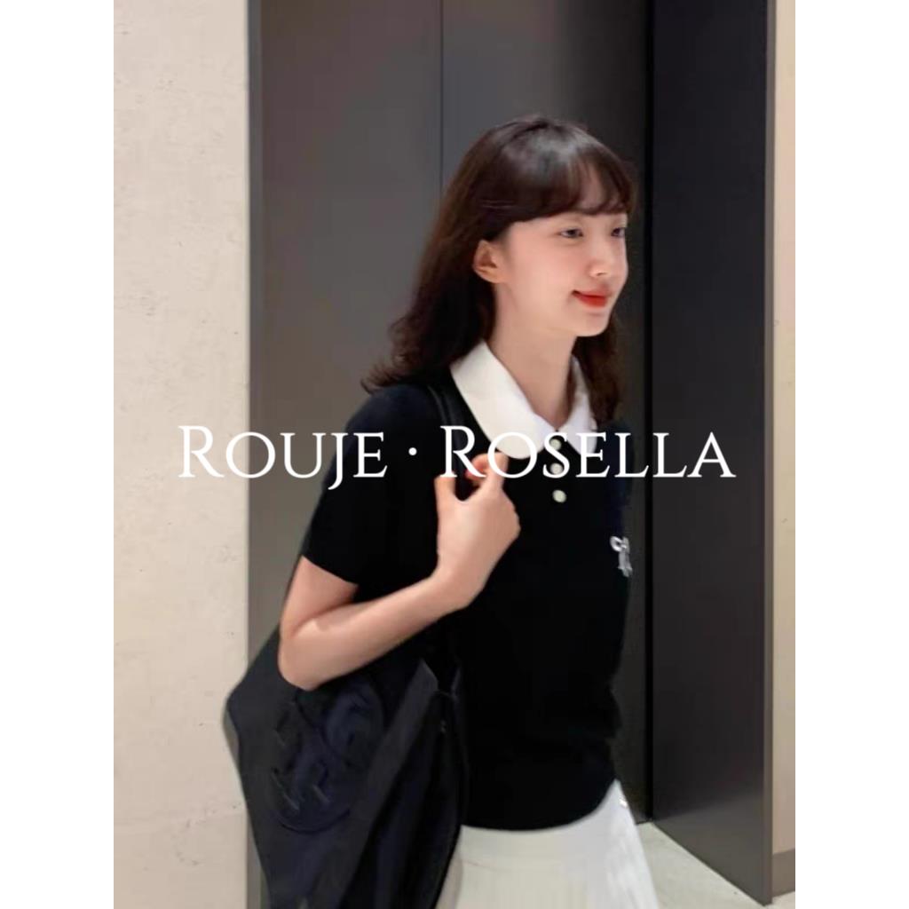 法国Rouje Rosella法式撞色冰丝刺绣短袖t恤女夏娃娃领短针织衫