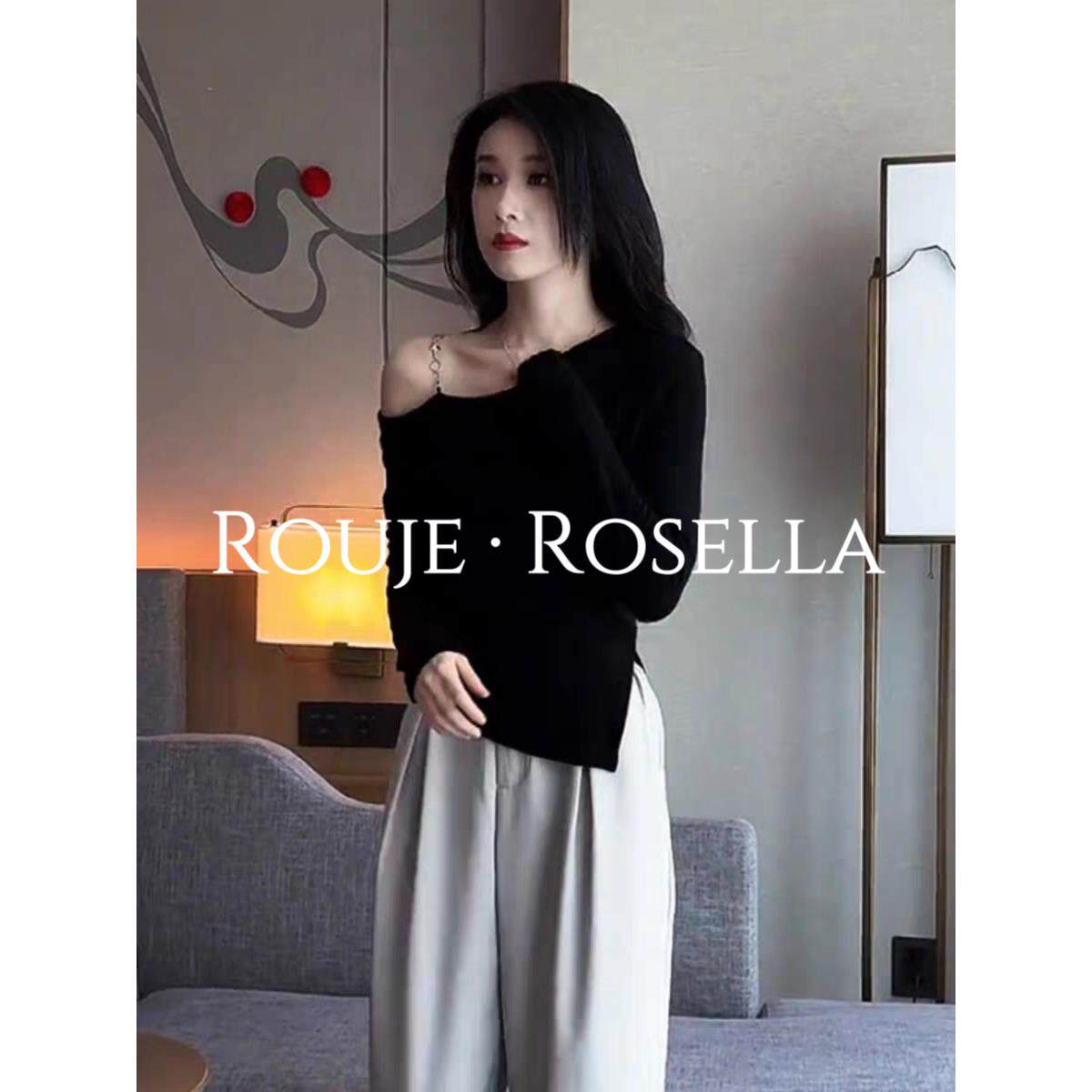 法国Rouje Rosella法式斜肩一字肩长袖T恤女春夏辣妹不规则上衣