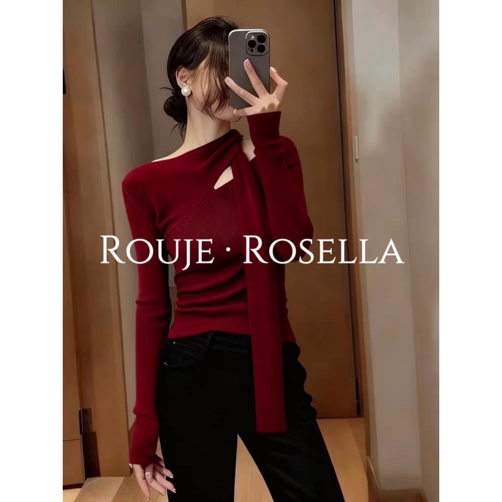 法国Rouje Rosella高颜迷人新年红色镂空飘带针织衫内搭上衣女
