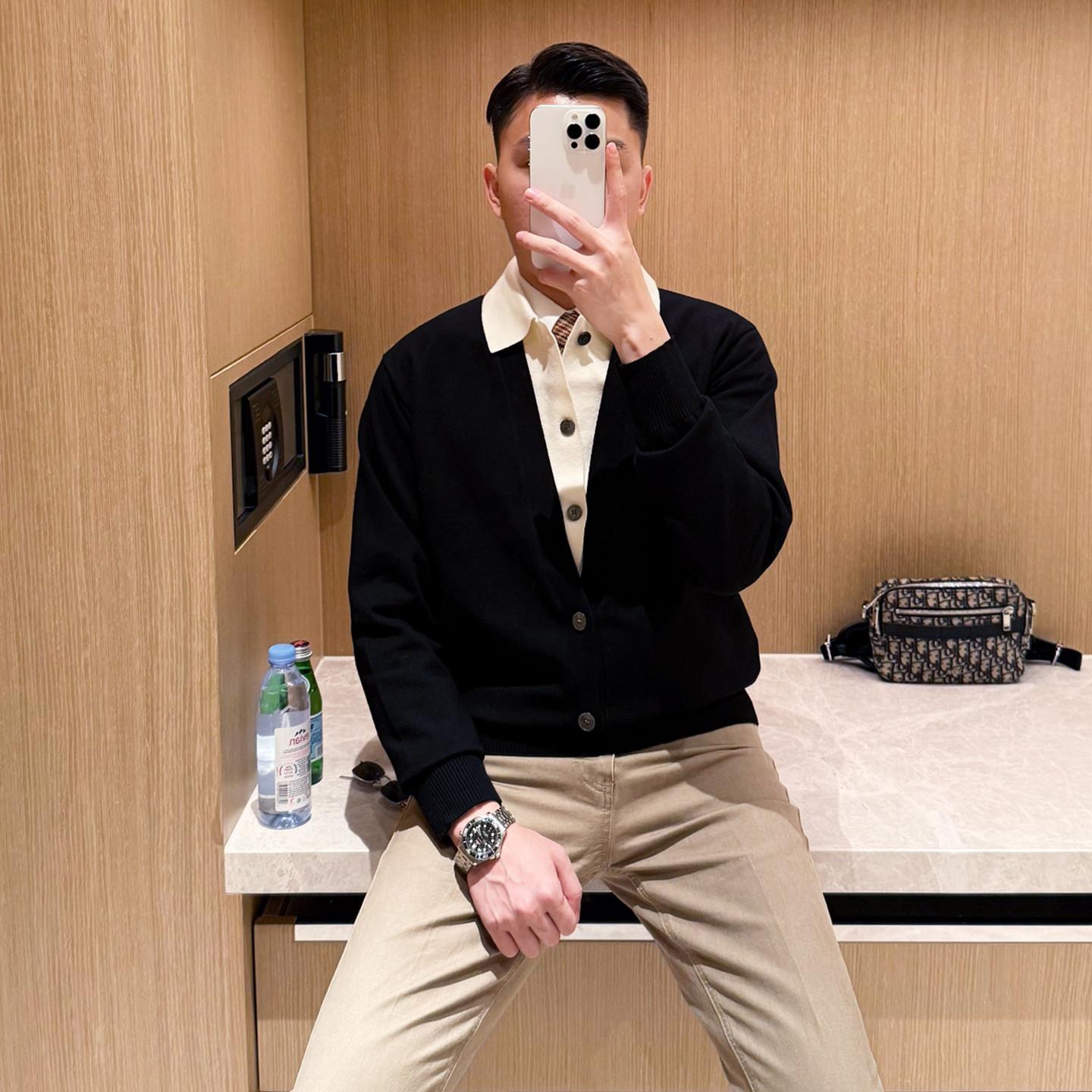 潮牌假两件针织衫男士新款休闲男装高级拼接上衣百搭翻领毛衣开衫
