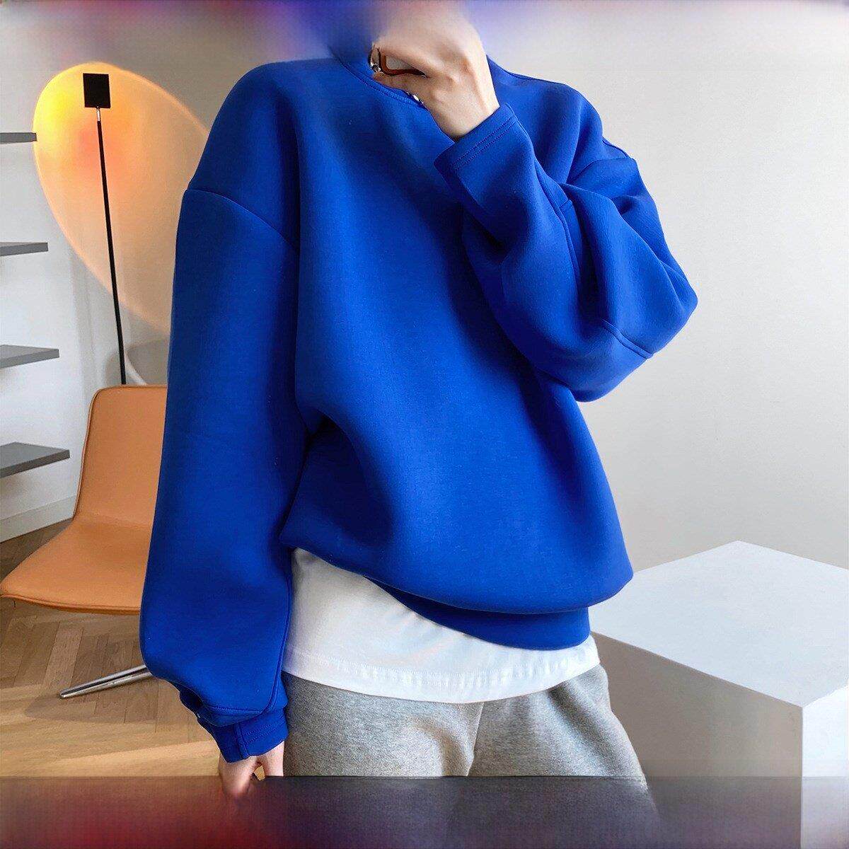 Rouje tusse太空棉克莱因蓝卫衣女秋冬韩版宽松ins慵懒风纯色上衣