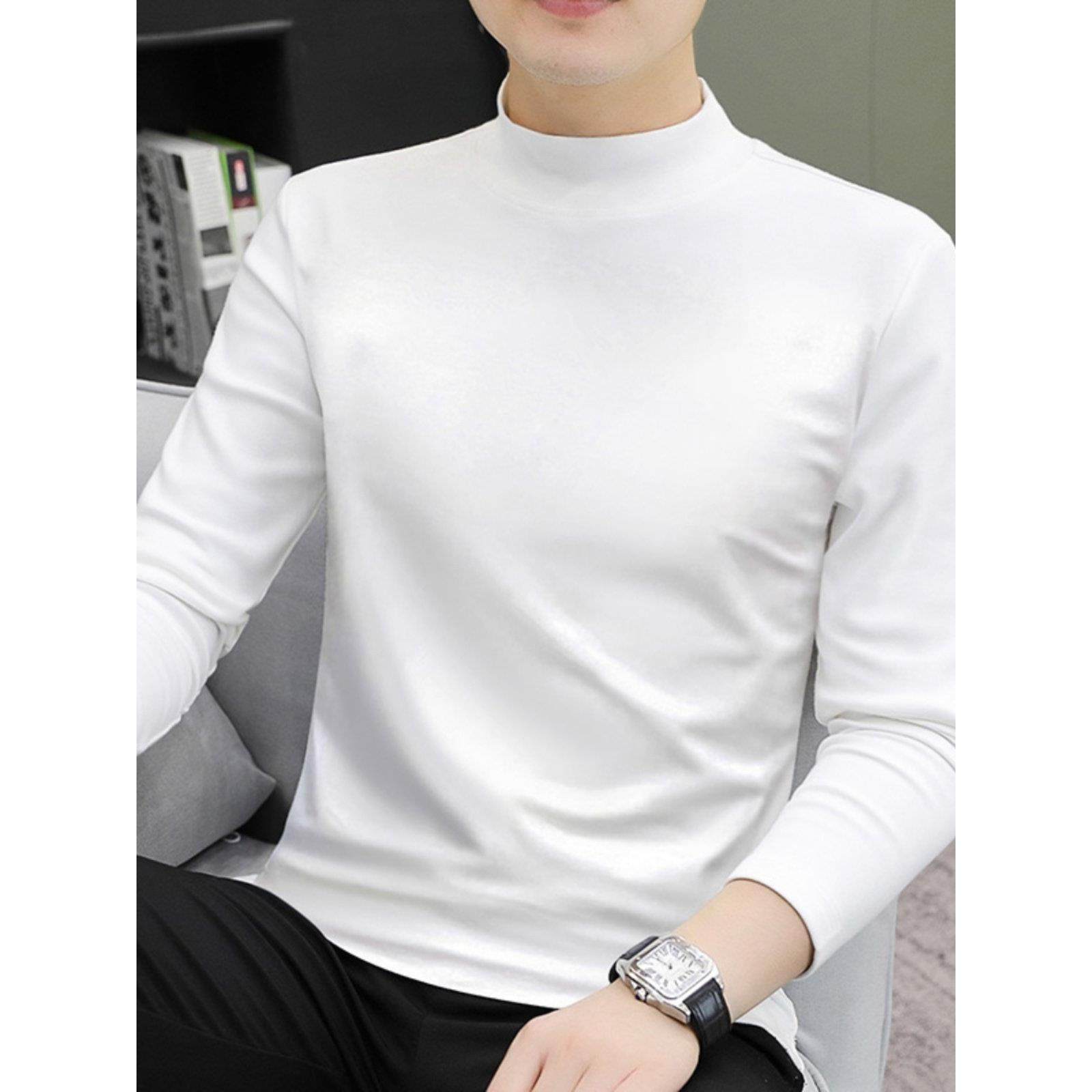 中领长袖t恤男士休闲修身内搭2025新款纯棉加绒白色半高领打底衫