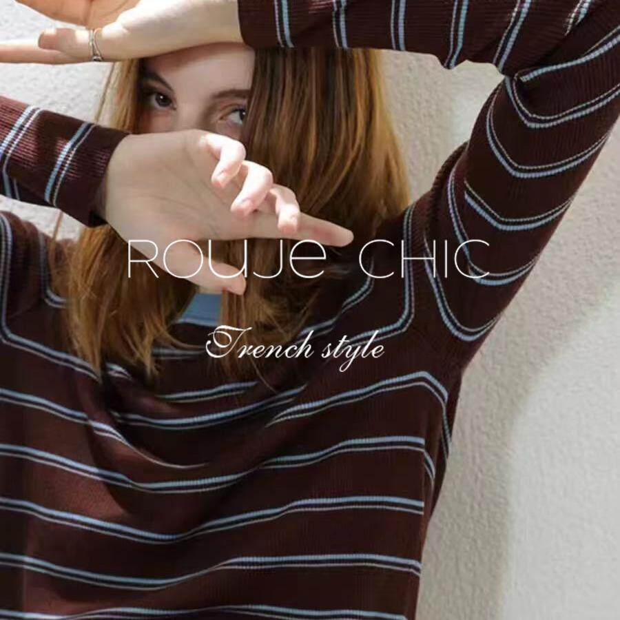 法国rouje chic2025法式复古风撞色条纹修身毛衣女春秋针织衫上衣