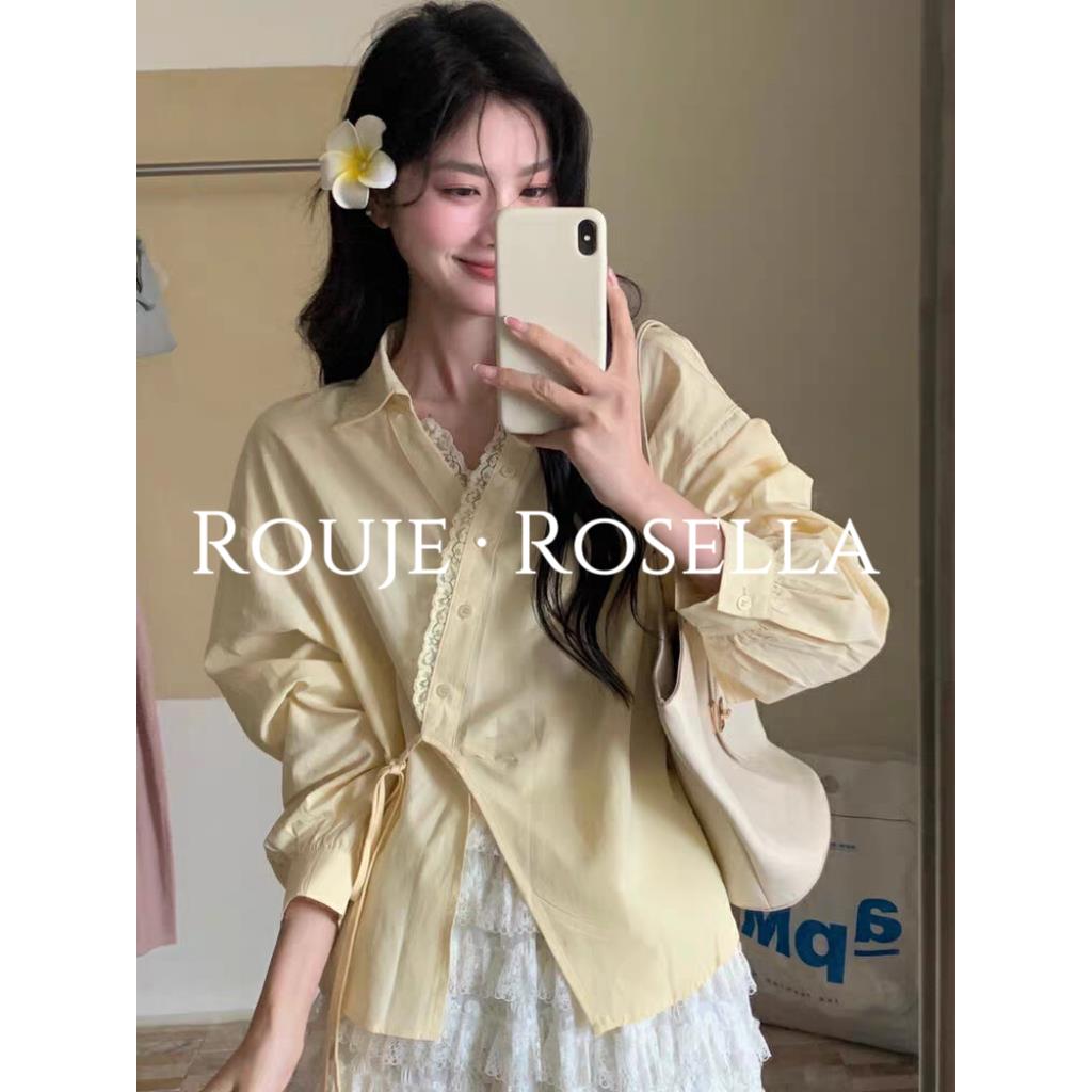 法国Rouje Rosella敲好看⭐蕾丝边v领长袖衬衫女秋不规则绑带上衣