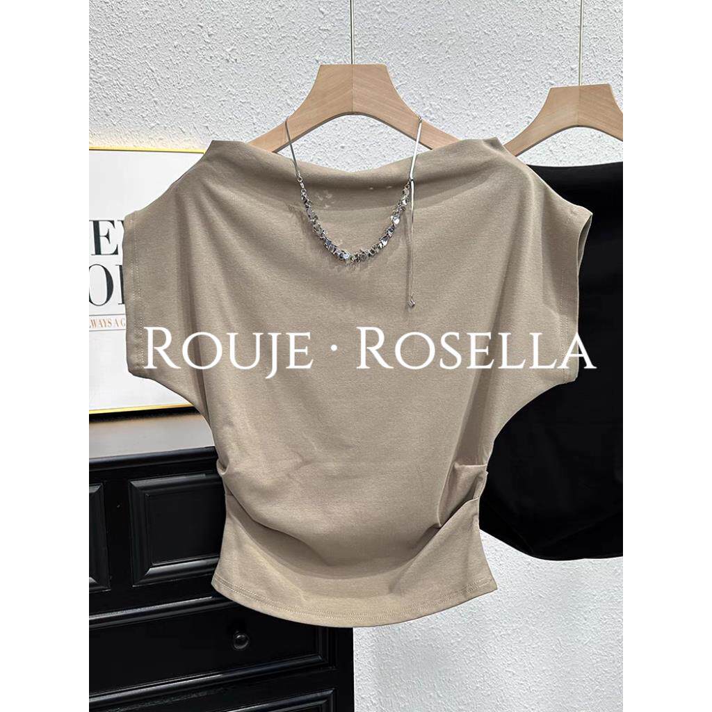 法国Rouje Rosella设计感一字肩短袖t恤女夏气质百搭别致上衣