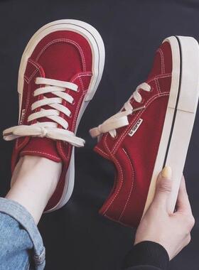 Cioem Kouim红色帆布鞋女软底不累脚2025新款方头平底百搭春秋款