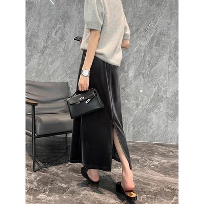 2025春秋新款金丝绒半身裙女高腰开叉松弛穿搭复古垂感中长一步裙