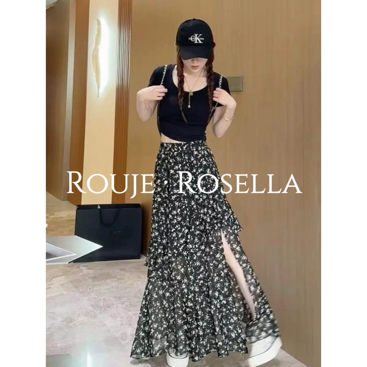 法国Rouje Rosella⭐复古荷叶边开衩碎花半身裙女夏不规则雪纺裙