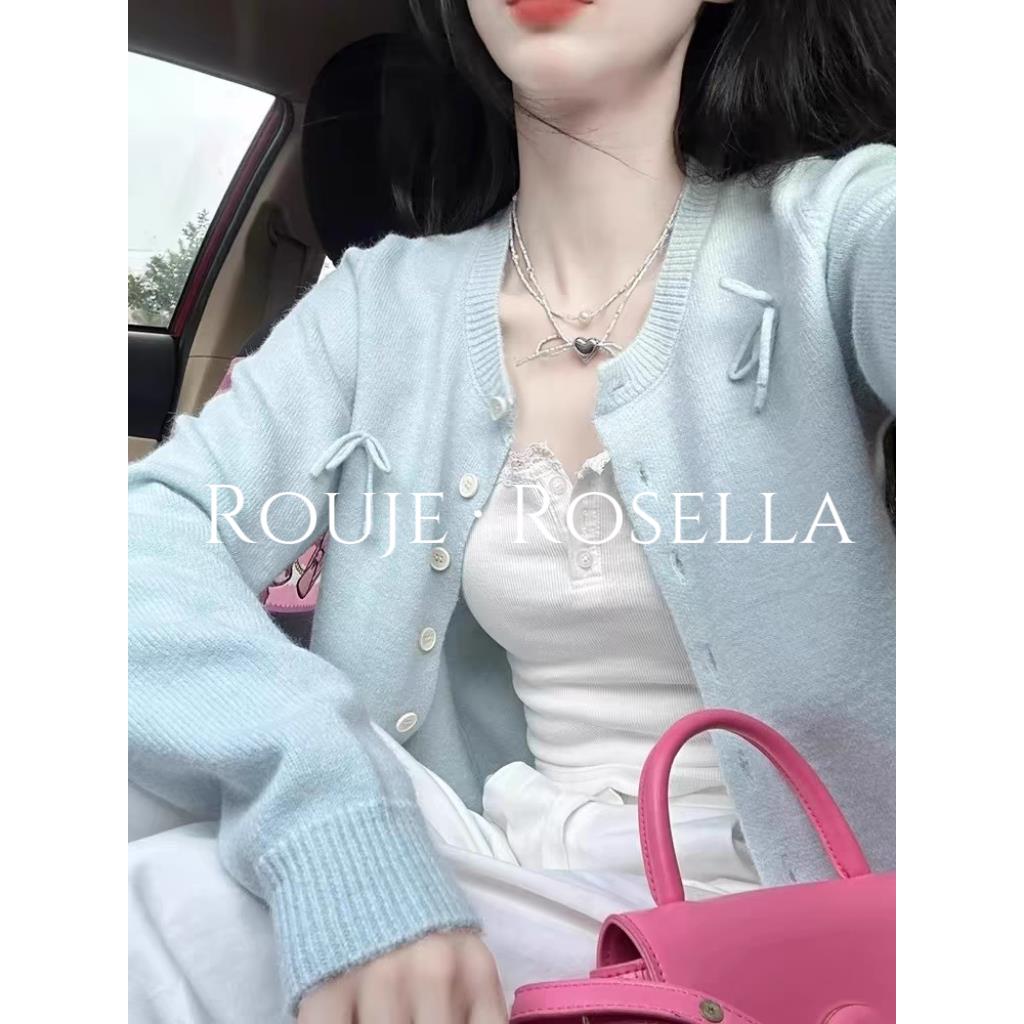 法国Rouje Rosella⭐甜美蓝色蝴蝶结针织开衫女春季温柔毛衣外套