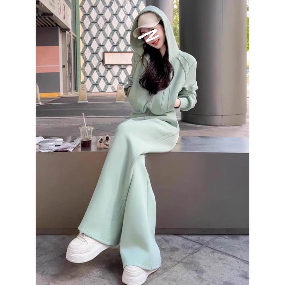 欧洲站运动休闲时尚套装女2025新款春秋冬加绒卫衣阔腿裤两件套