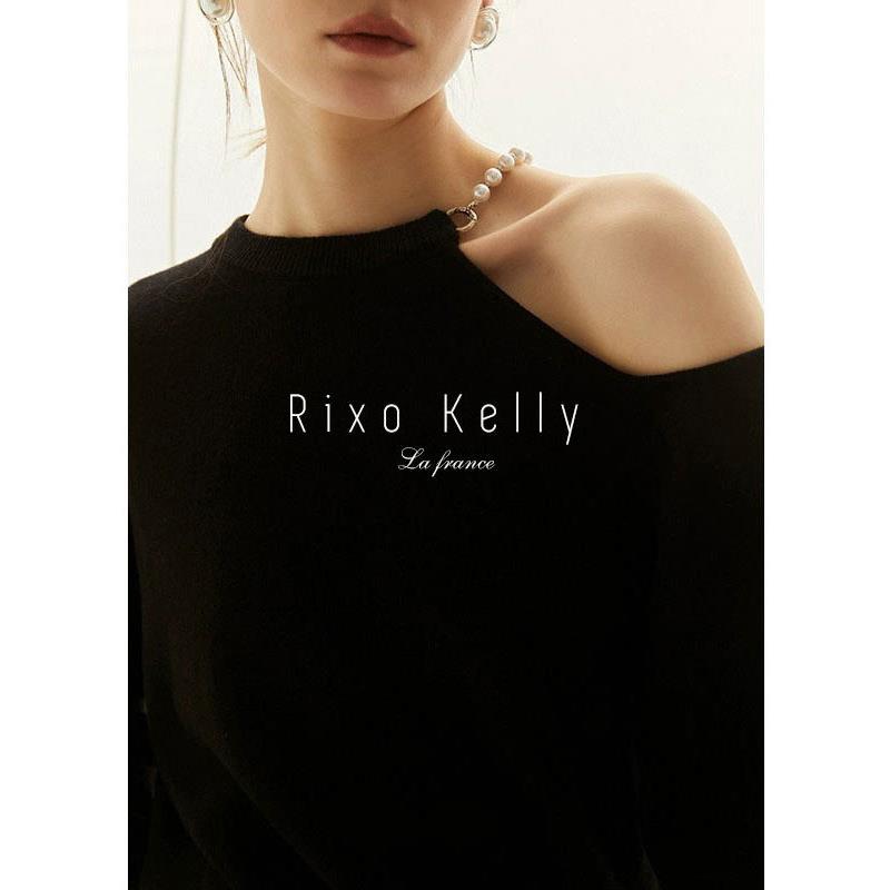 Rixo Kelly法式气质高级感镂空露肩针织衫设计感珍珠炼条黑色上衣