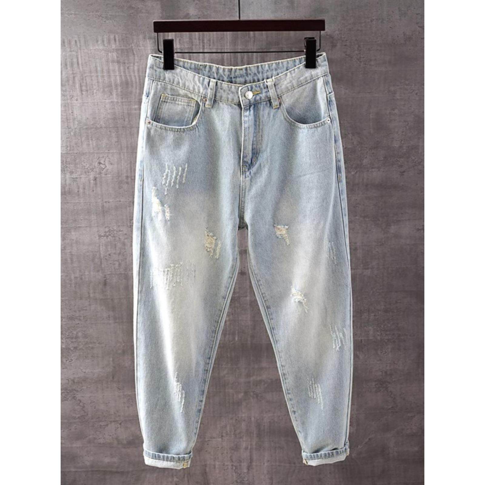 它下午新潮品牌覆古牛仔裤男士宽松直筒休闲浅色刮痕百搭春秋季